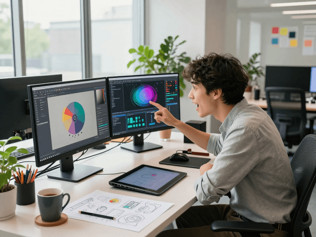 Youthful professional engaging with juicy ai design software in a vibrant tech workspace.