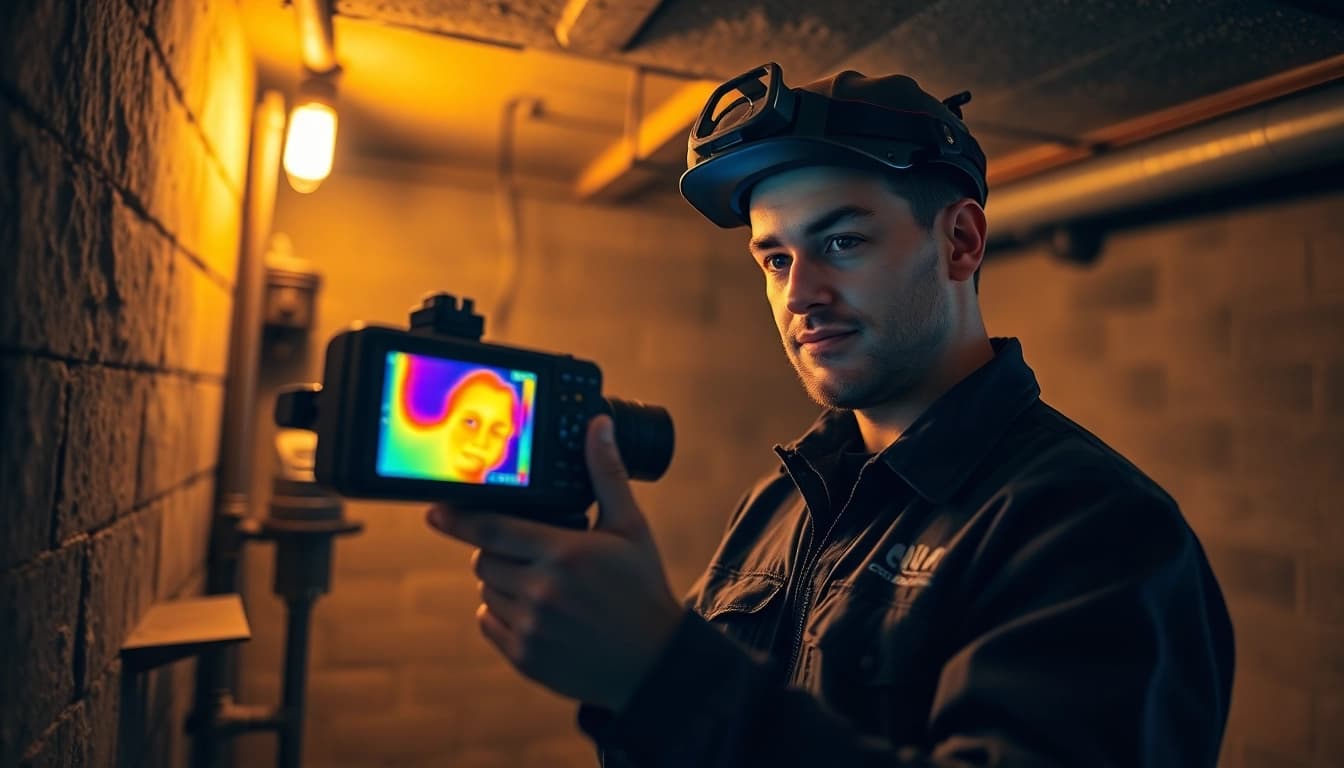 Technician from a leak detection company using advanced thermal imaging technology to locate a leak.