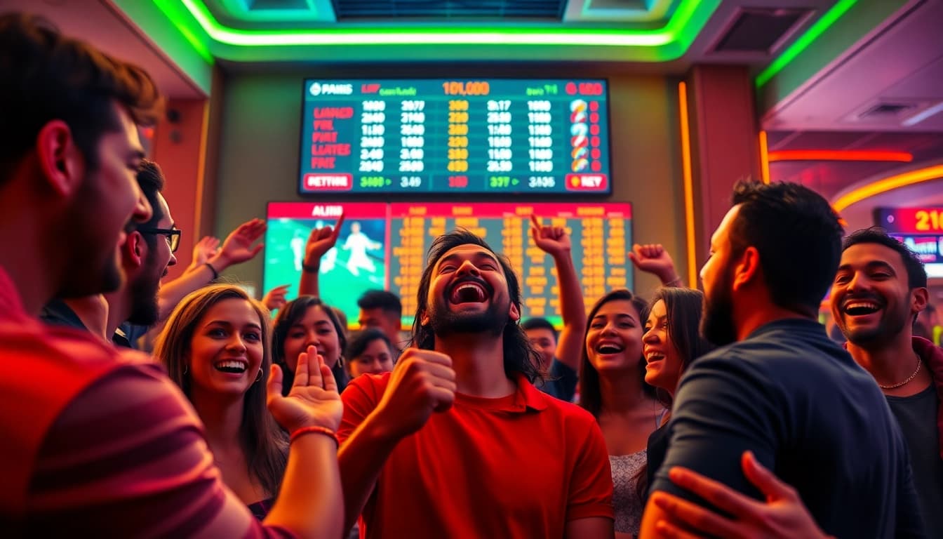 A lively scene at a sports betting casino with enthusiastic players at https://ii69vn.com/.