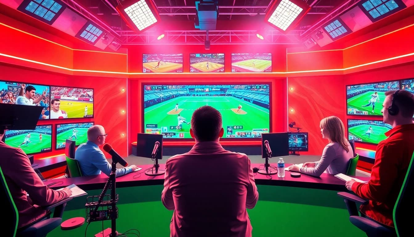 Engaging discussion on Sports Broadcasting in a modern studio setting with vivid displays.
