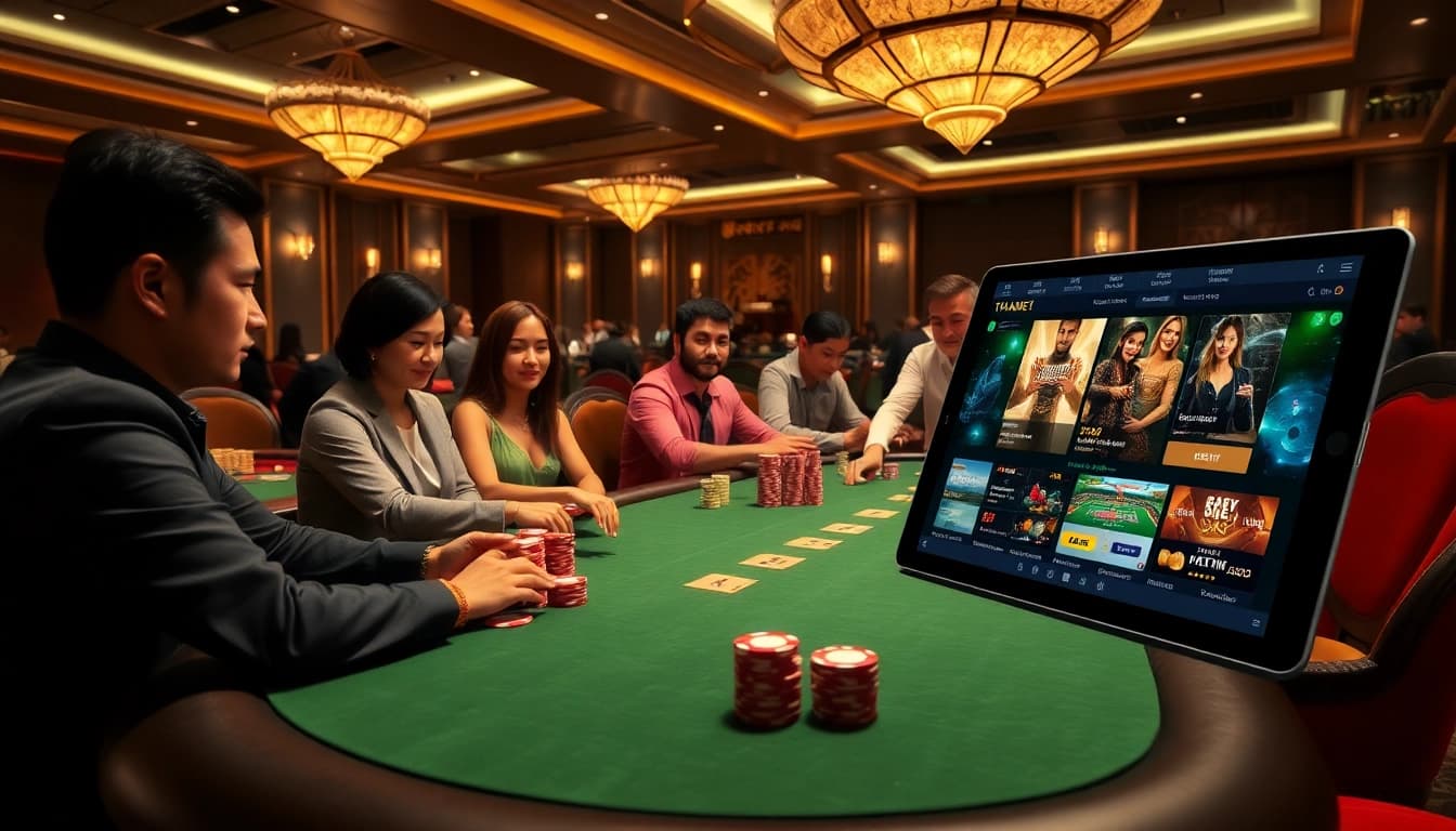 Experience the thrill of thabet đăng nhập at luxurious casino tables surrounded by excited players.