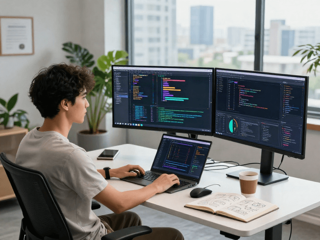 Innovative workspace showcasing a software engineer as they leverage juicy ai technology to create advanced applications in a modern office setting.