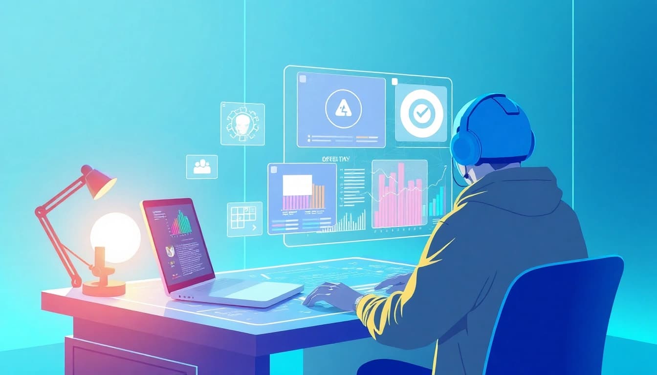 Engage with Janitor AI in a futuristic workspace showcasing advanced technology and creativity.
