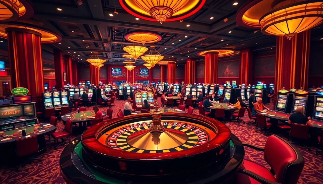 Experience unfiltered ai in a lively casino scene with players engrossed in games of chance amidst vibrant lights and rich colors.