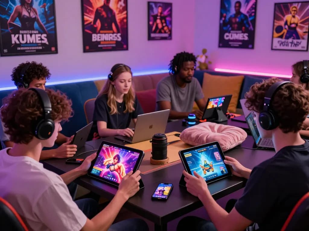 Players enjoying a diverse porngame experience on mobile and tablet in a cozy lounge.