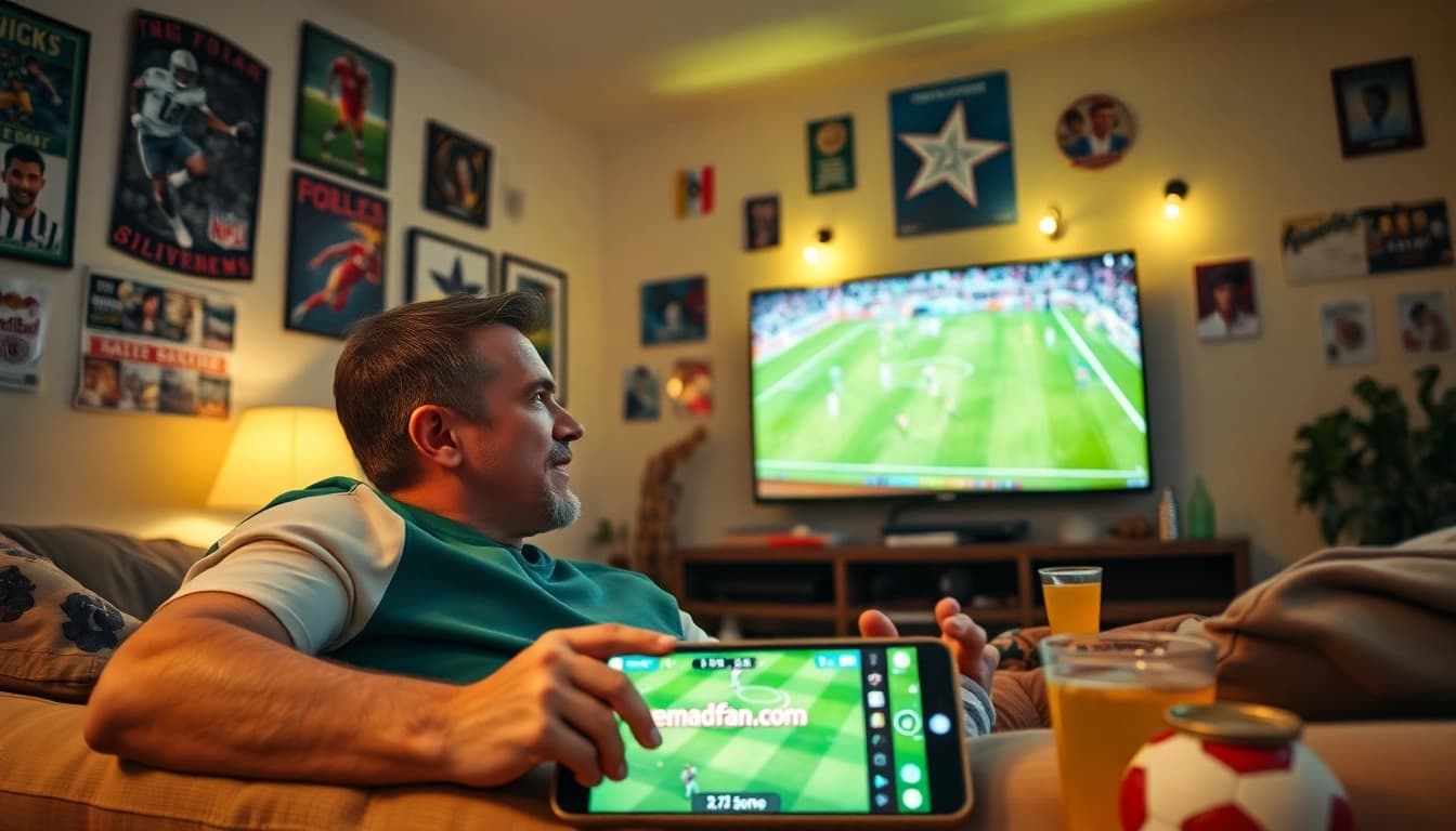 Football fan enjoying a live match on joemadfan.com in a cozy setting.