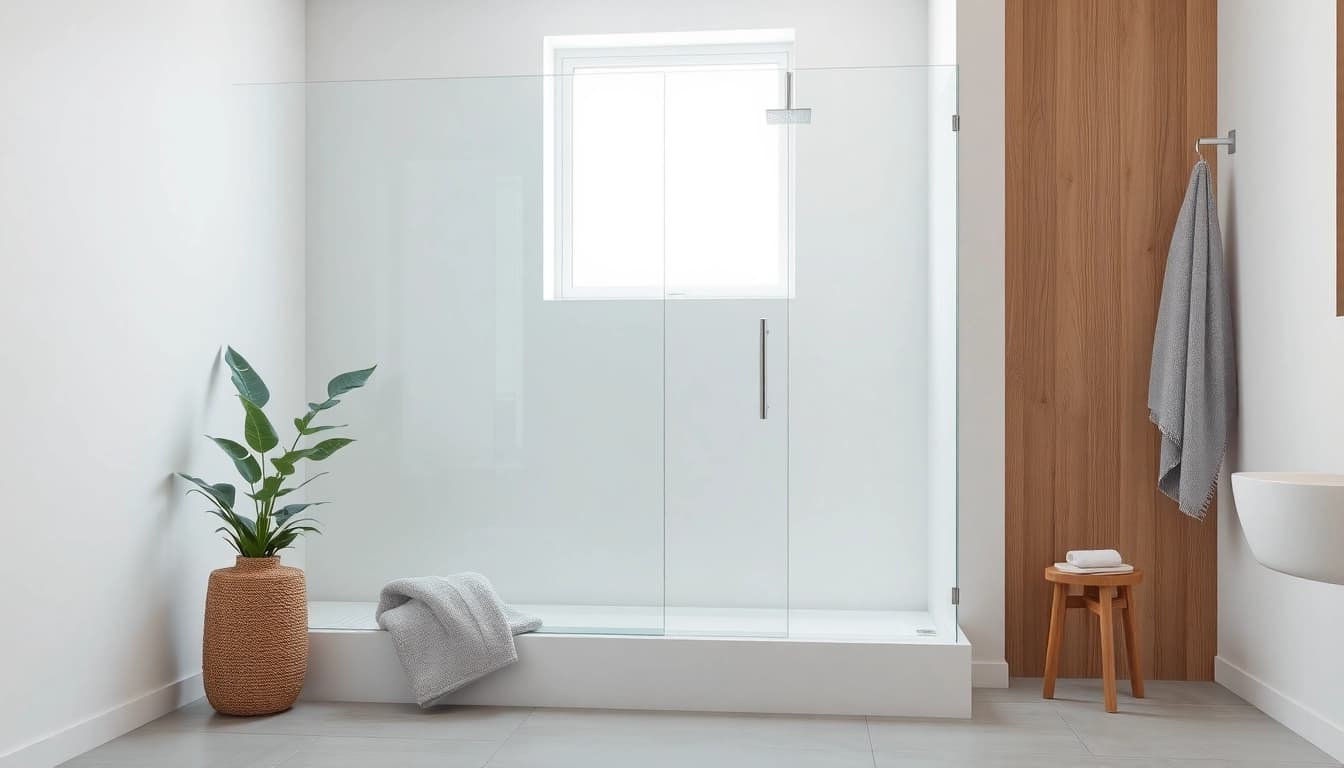 Elegant wet room shower screen featuring a minimalist design in a beautifully illuminated bathroom.