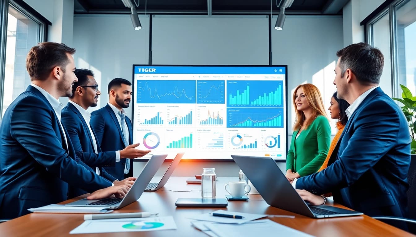 Business professionals collaborating on Logo Tiger Enterprise software for effective data management.