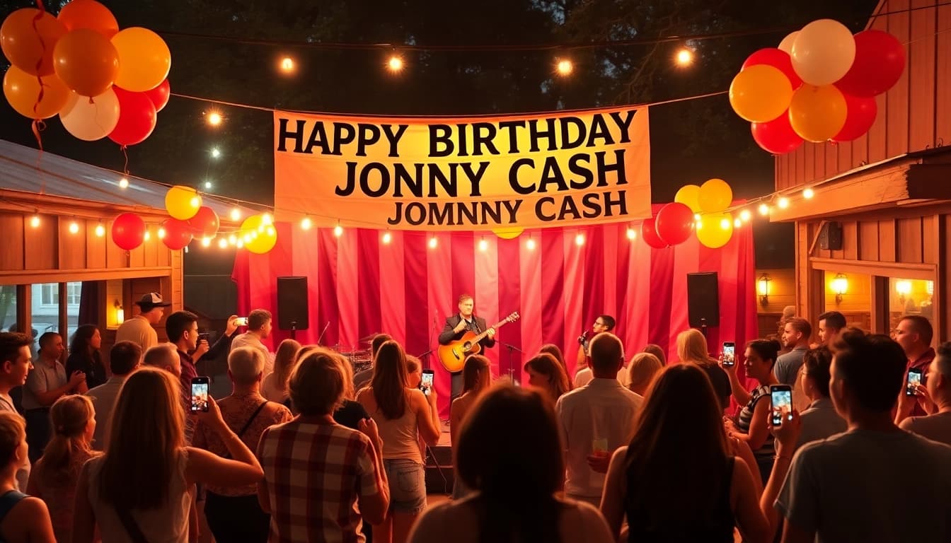 Fans celebrating at the Johnny Cash birthday event, capturing the lively spirit of johnnycashbirthday.com