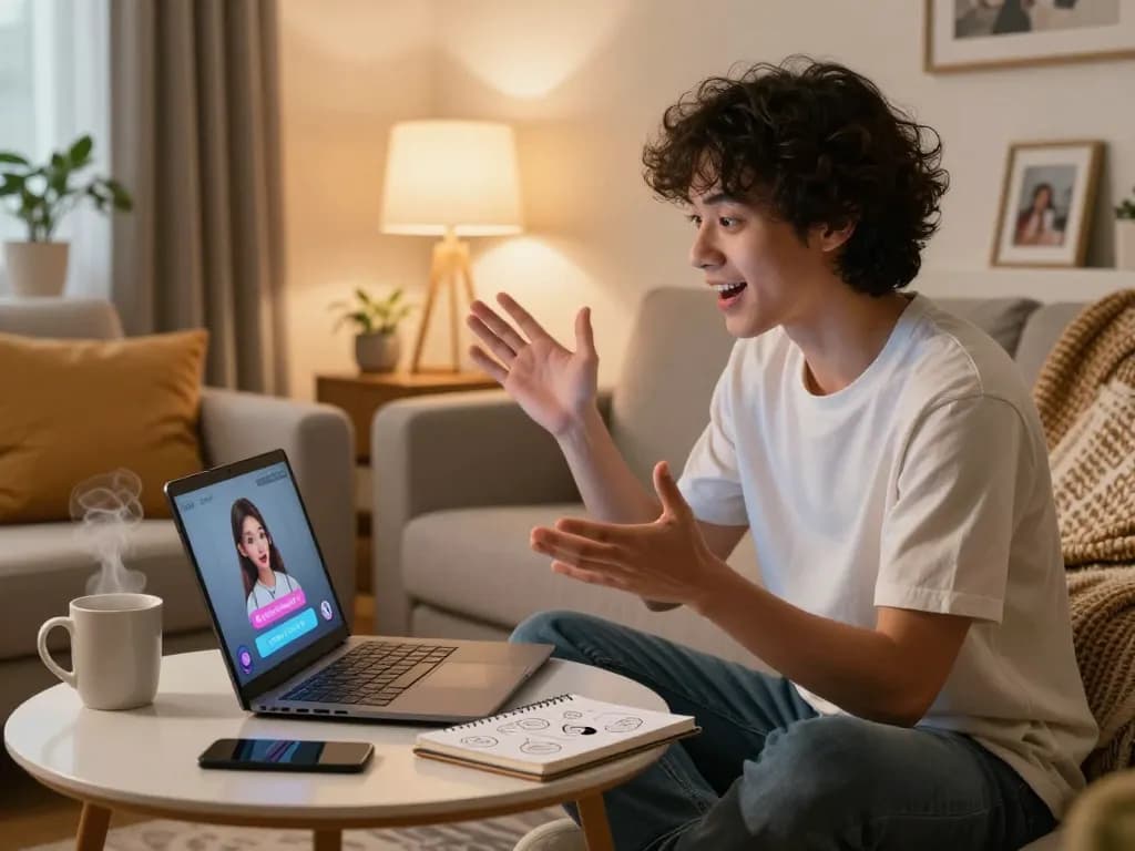 Engaging casual conversation with sex chat AI on a sleek laptop in a cozy home setting.