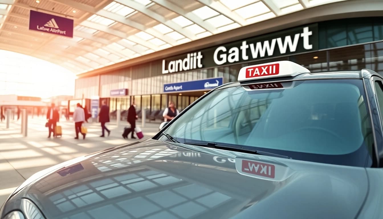 Taxi service in Gatwick with a modern vehicle at the airport terminal.