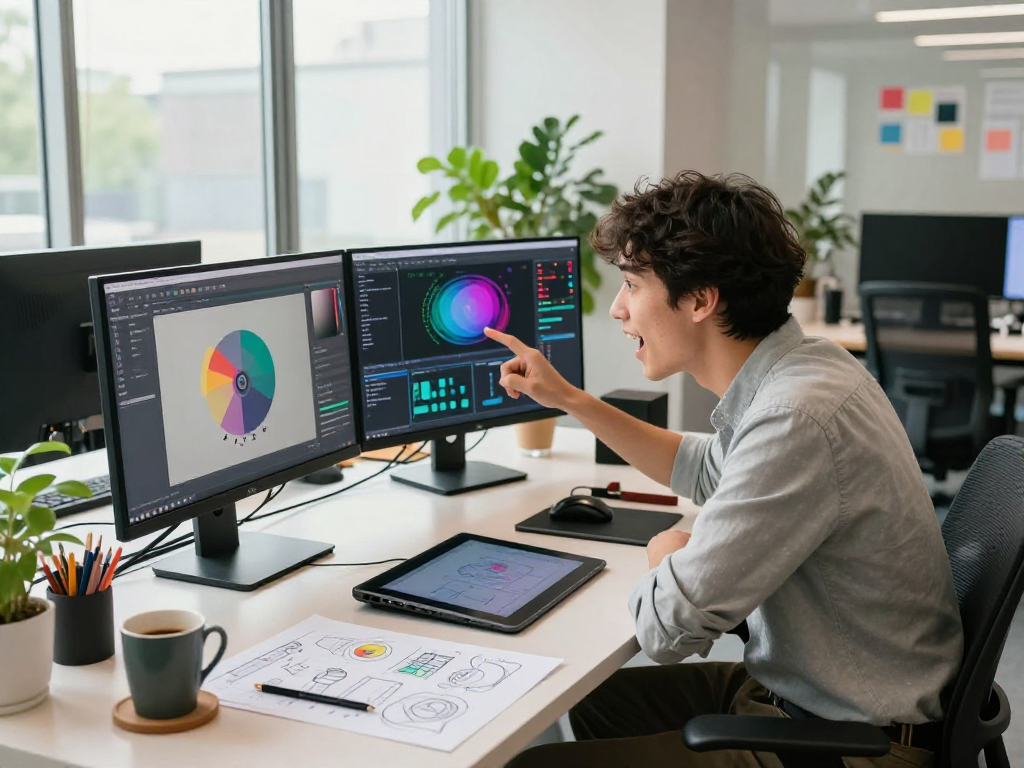 Youthful professional engaging with juicy ai design software in a vibrant tech workspace.