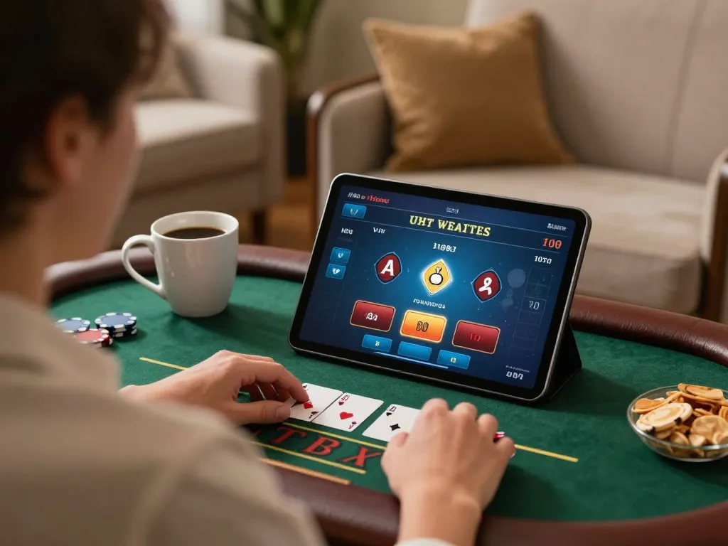 f168 player engaging strategically with live dealer blackjack on tablet in cozy home setting