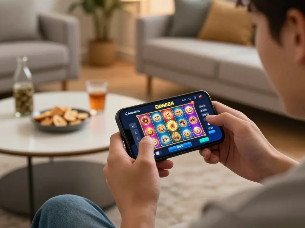 Engaging in Open88 đổi thưởng, player using smartphone for exciting slot gameplay in a cozy home setting.
