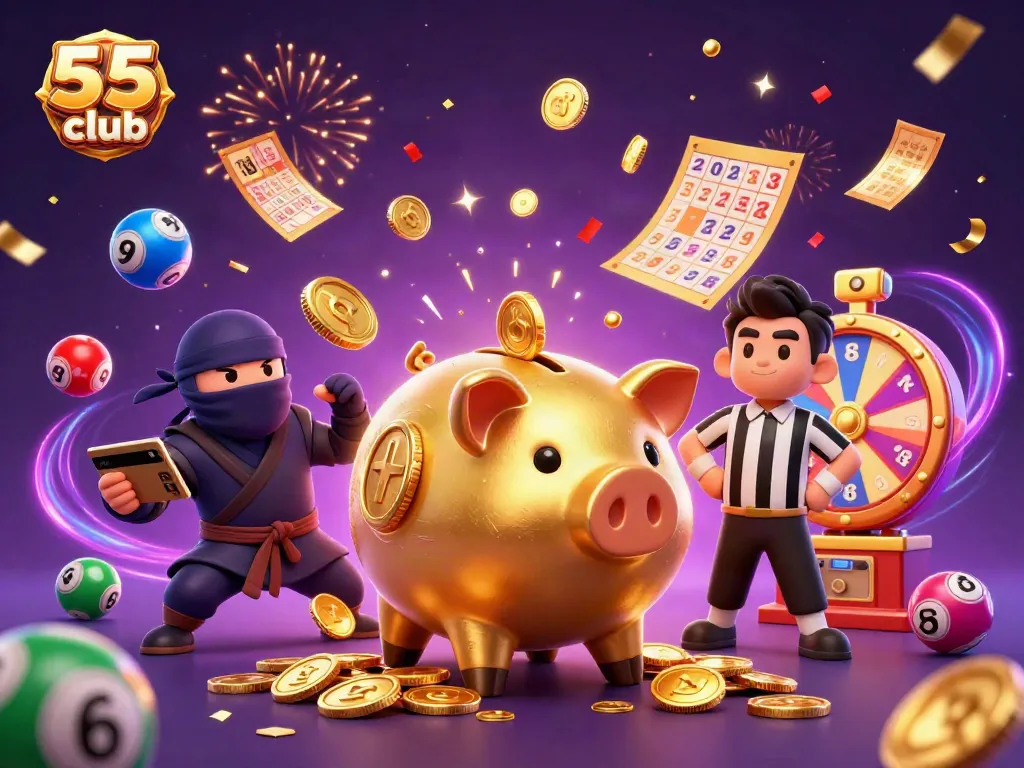 Join the excitement at 55 club with golden coins, lively lottery elements, and thrilling game action!