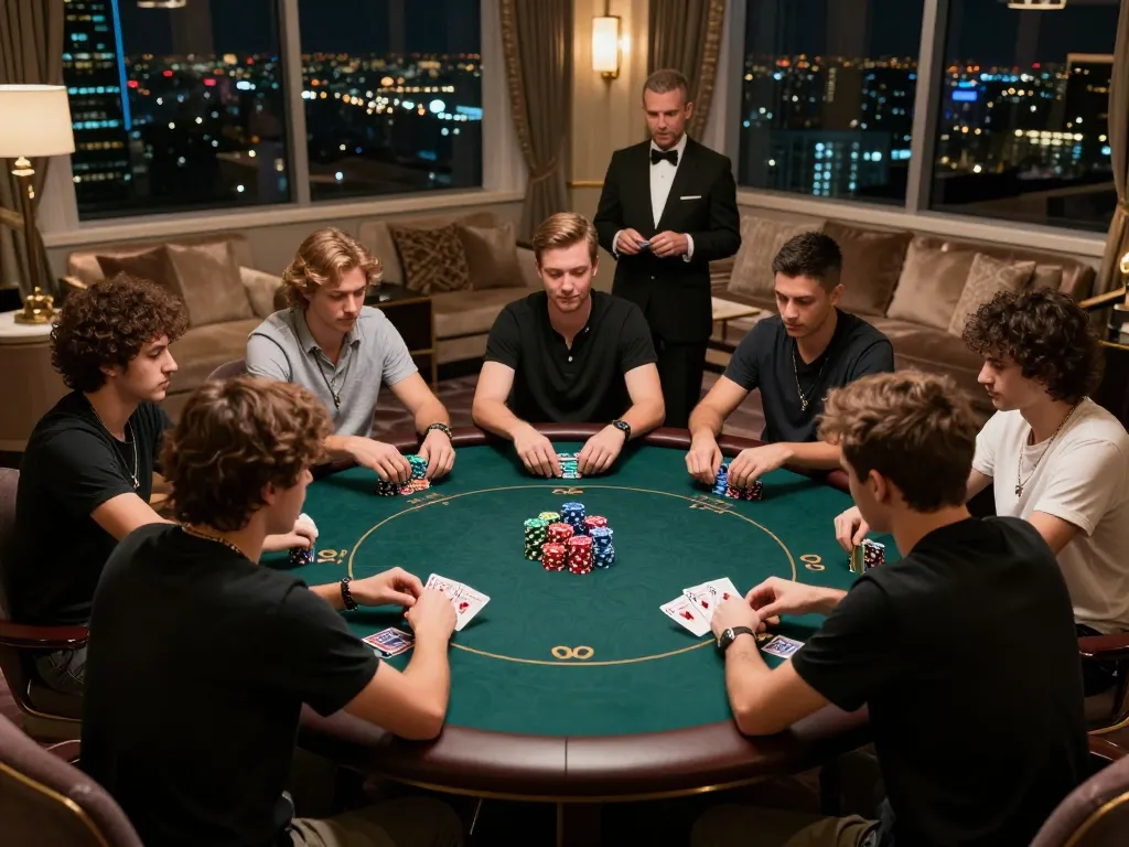 Engaged players in a high-stakes game enjoy rokok88 login moments with colorful poker chips and city skyline.