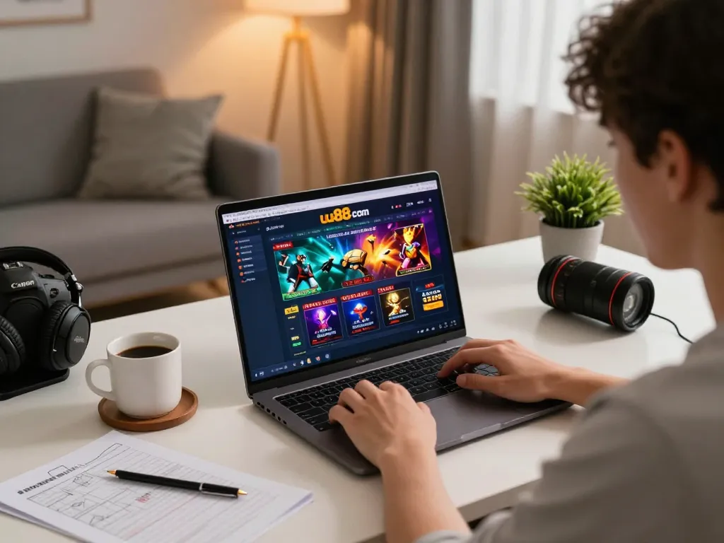 Engaging online gaming scene showing a user on uu88 com, laptop with game interface and strategy notes.