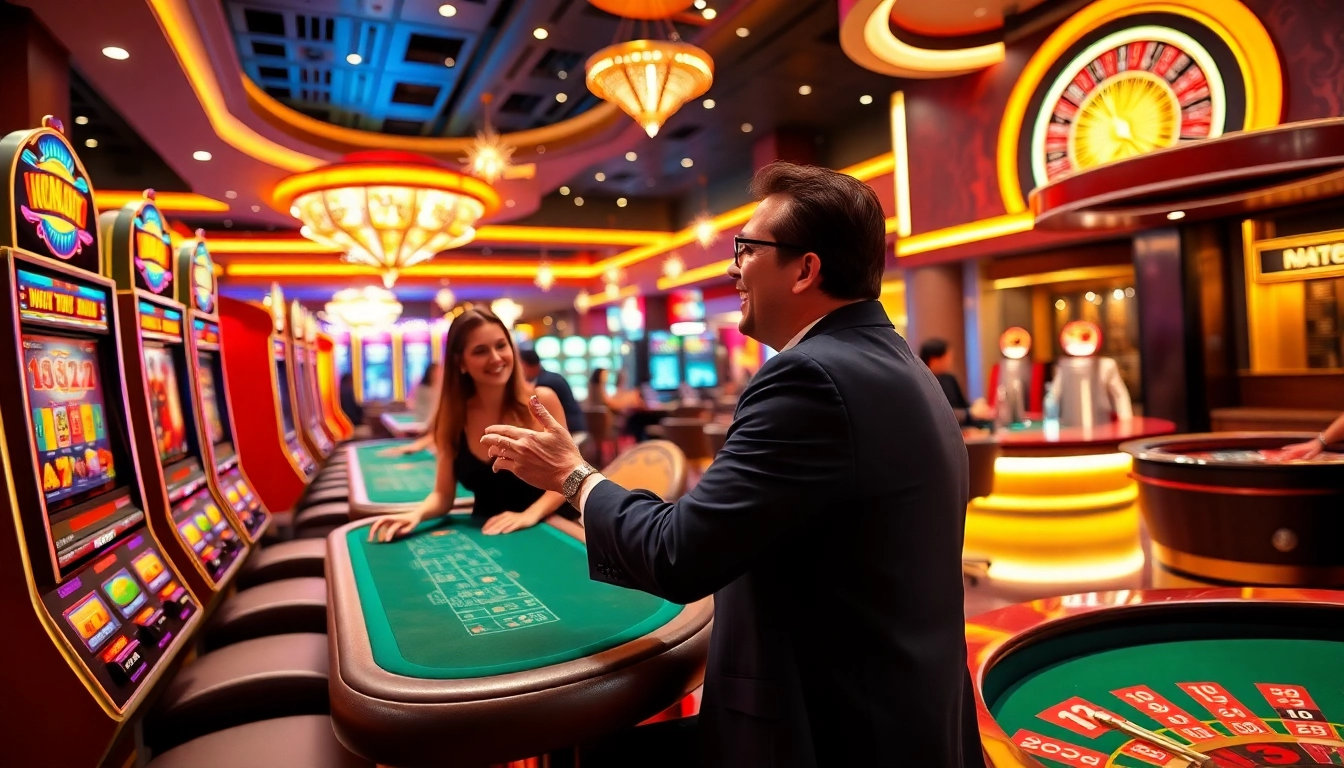 Bắn cá đổi thưởng in an exciting casino setting showcasing players winning big and vibrant slot machines.