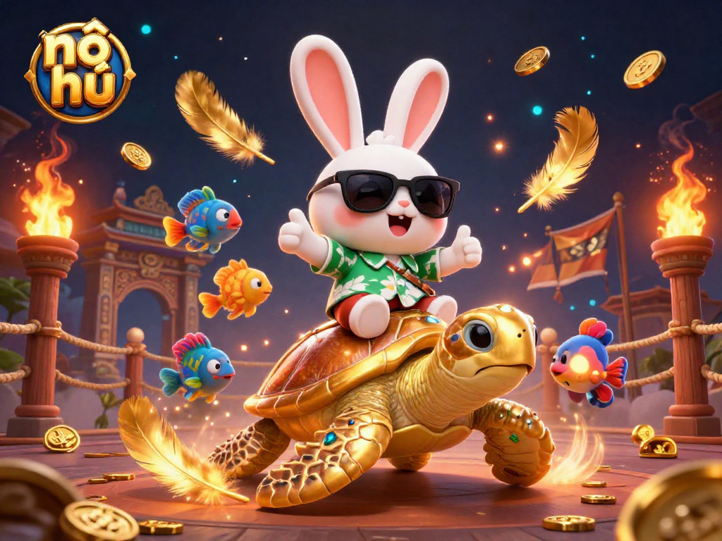 Engaging nổ hũ gaming scene featuring a lucky rabbit and golden turtle surrounded by vibrant casino elements.