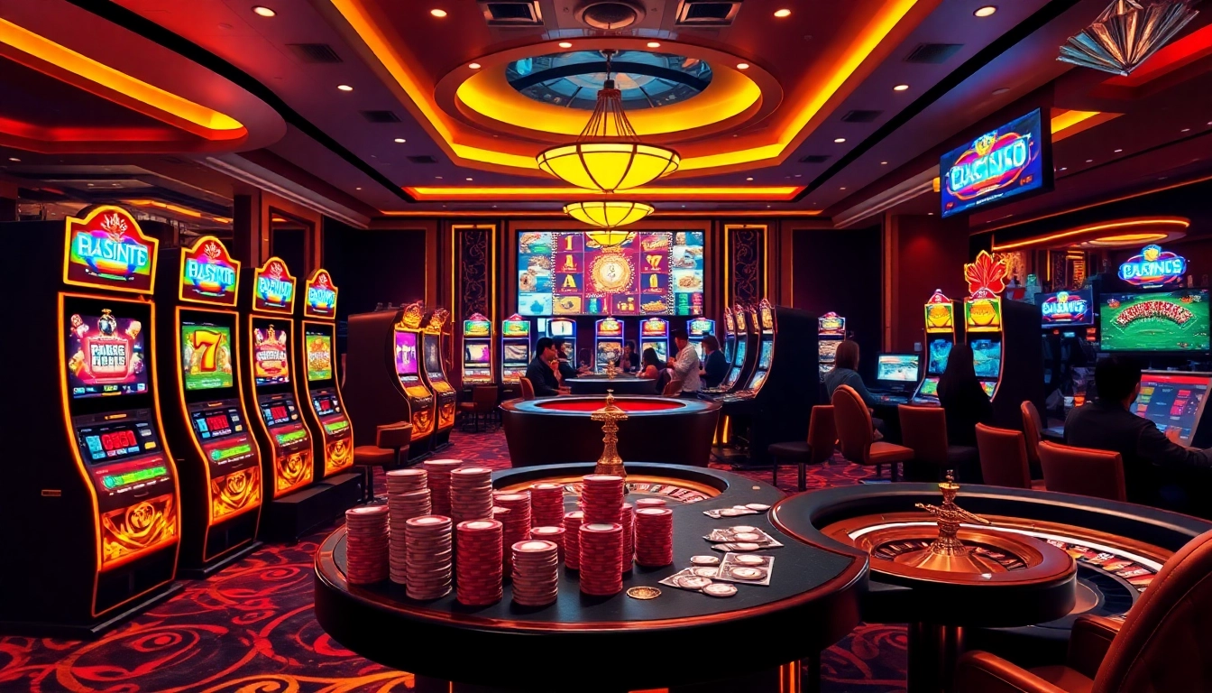 Experience thrilling gameplay with Slot Online Terpercaya in a luxurious casino setting filled with vibrant slot machines.