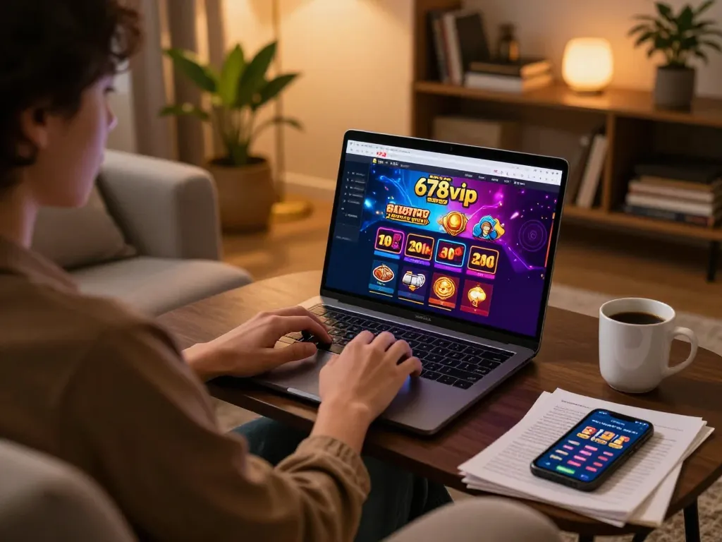 Experience engaging gameplay on the 678vip homepage from the comfort of home, showcasing a cozy gambling setup.