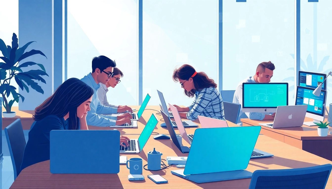 Developers brainstorming new mobile app development ideas in a vibrant office.