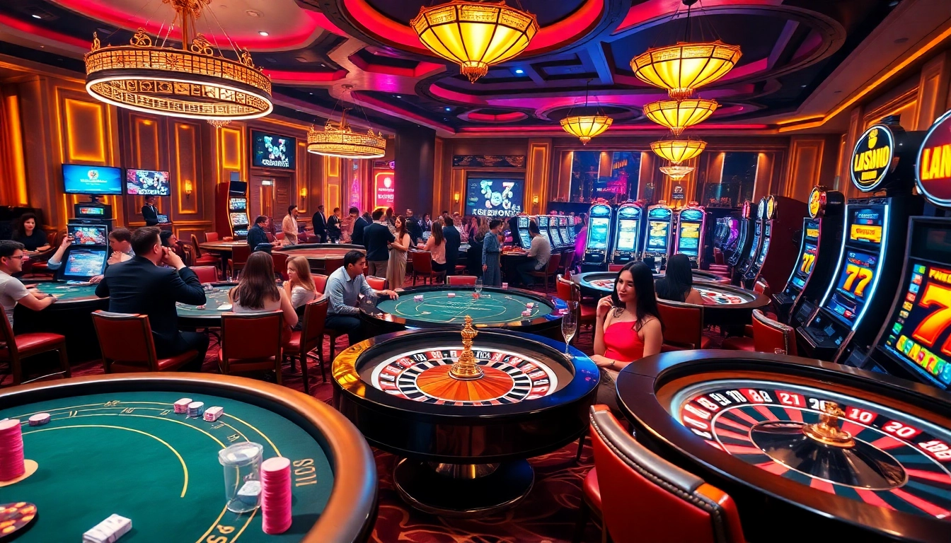 Gambling excitement at https://tt88times.com/, showcasing a lively casino with players at poker tables.