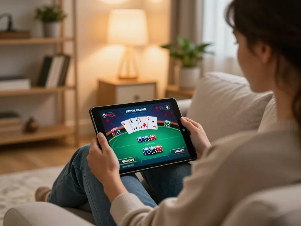 Engaged player utilizing mb66 tablet for an exciting online poker game in a cozy home setting.