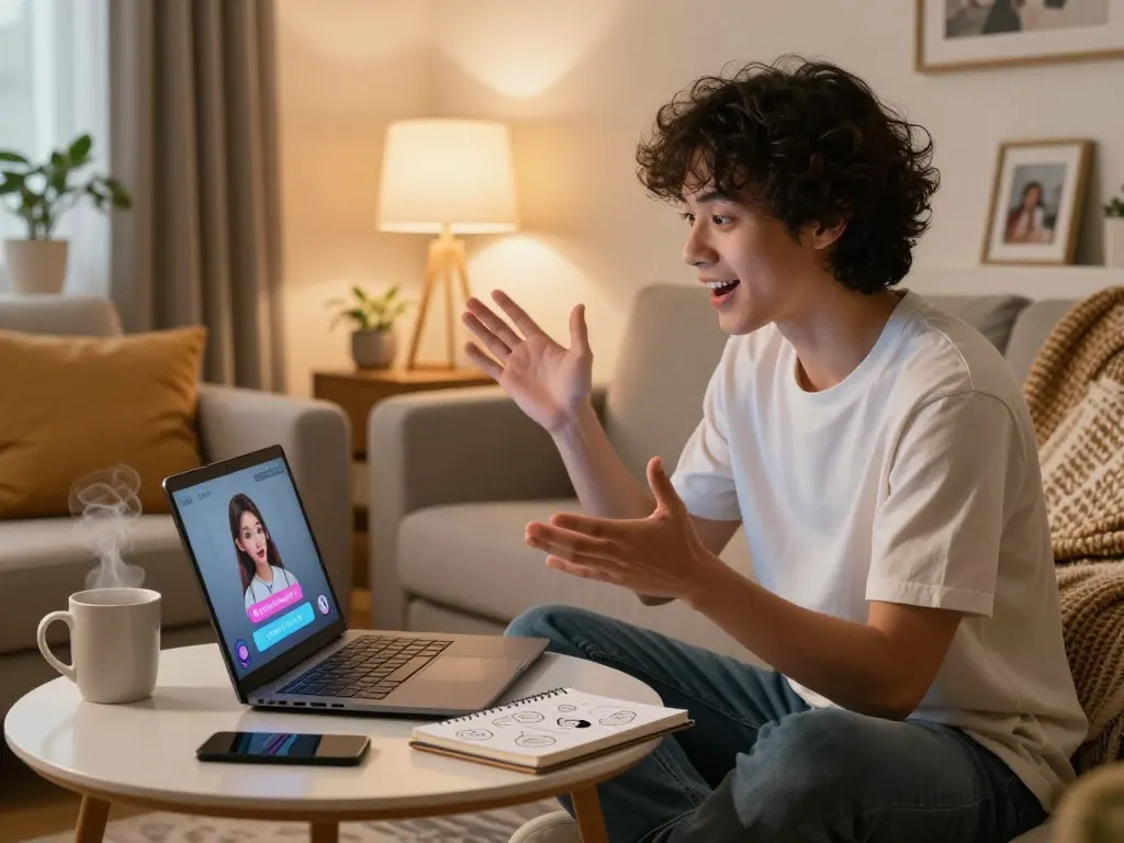 Engaging casual conversation with sex chat AI on a sleek laptop in a cozy home setting.