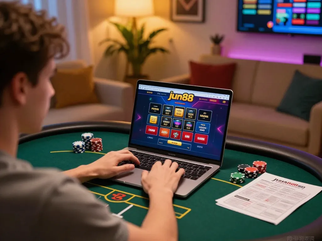Engaged player strategizing on jun88 casino platform with vibrant room decor