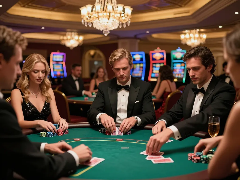 Players experience the thrill of no hu poker in an upscale casino setting with dynamic gameplay and luxury.