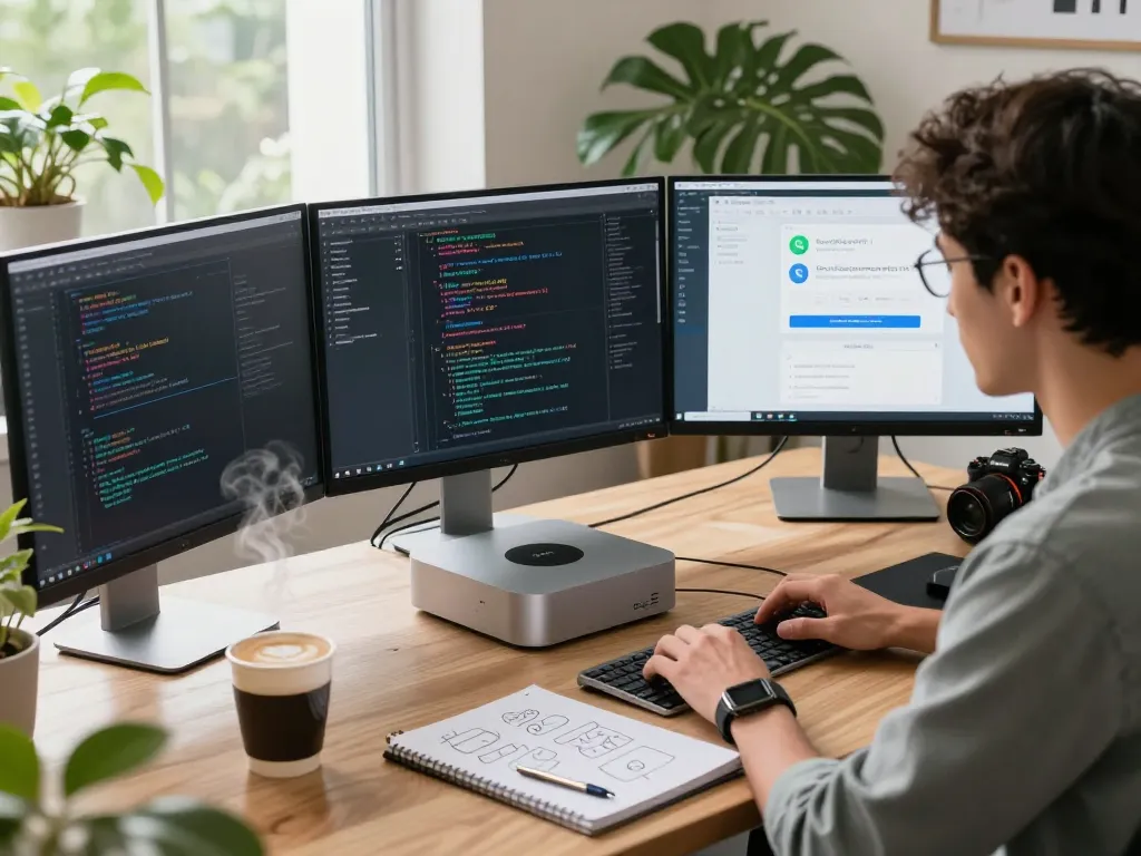 Engineer deploying open claw AI on Mac mini with multiple monitors, coffee, and plants.