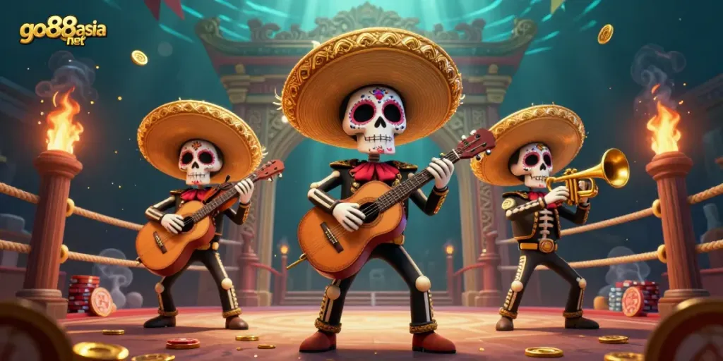 Engage in gaming excitement at go88asia net with vibrant skeleton mariachi band amidst golden elements.