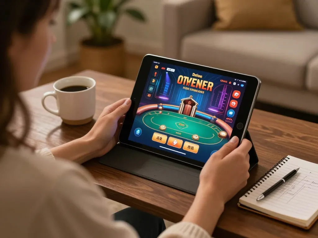 Engaged user playing dv88 net online poker with strategy notes and cozy home lighting.