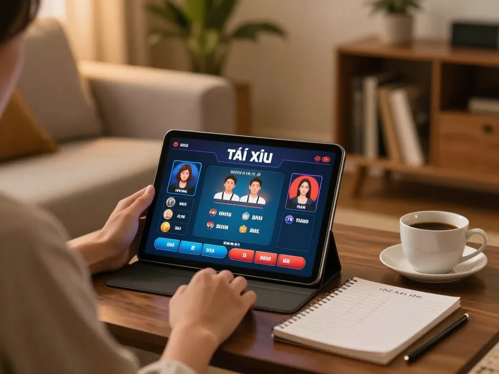 Tài xỉu online gaming session at home, with strategic notes and live dealer app displayed on tablet.