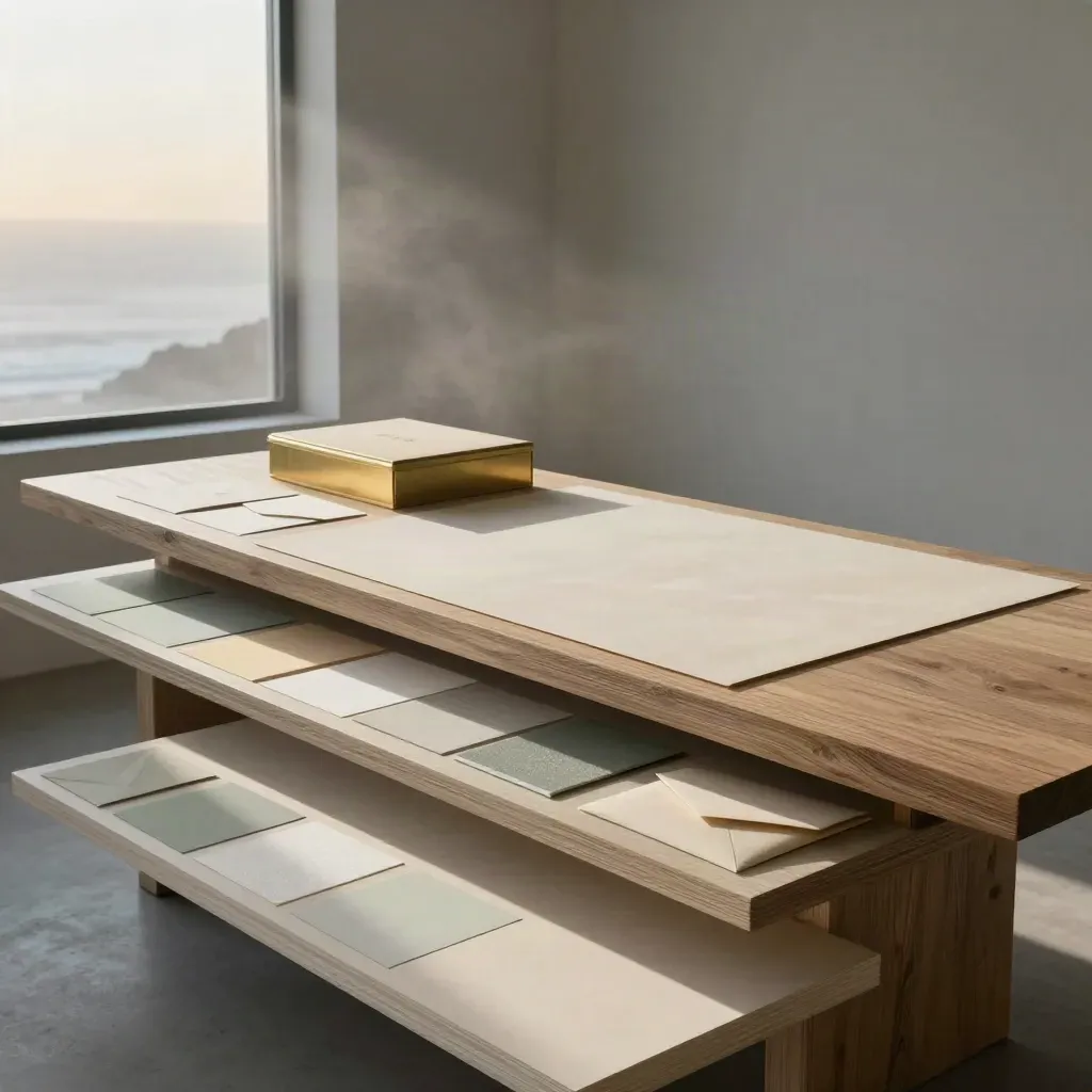 Coastal studio boards, swatches and envelopes in dawn light beside a brass-edged box.
