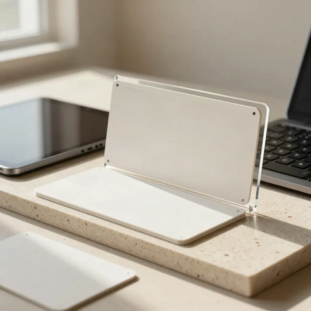Blank interface cards and a face-down tablet form a website grid on pale travertine.