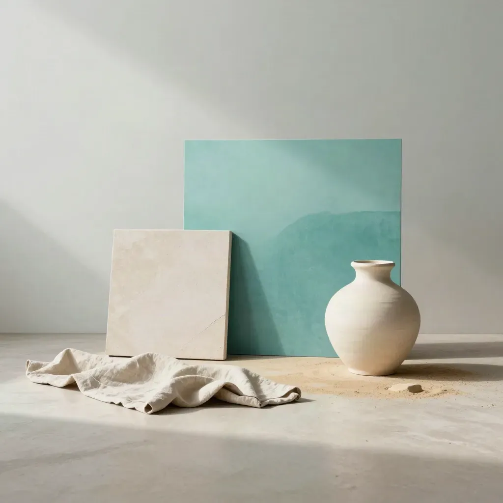 Low-angle art-direction set with linen, ceramic vessel, sample board, and teal backdrop in soft daylight.