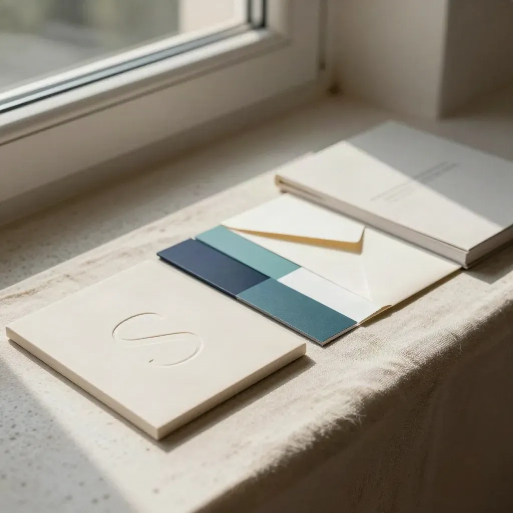 Brand identity materials arranged on a linen runner in warm window light.