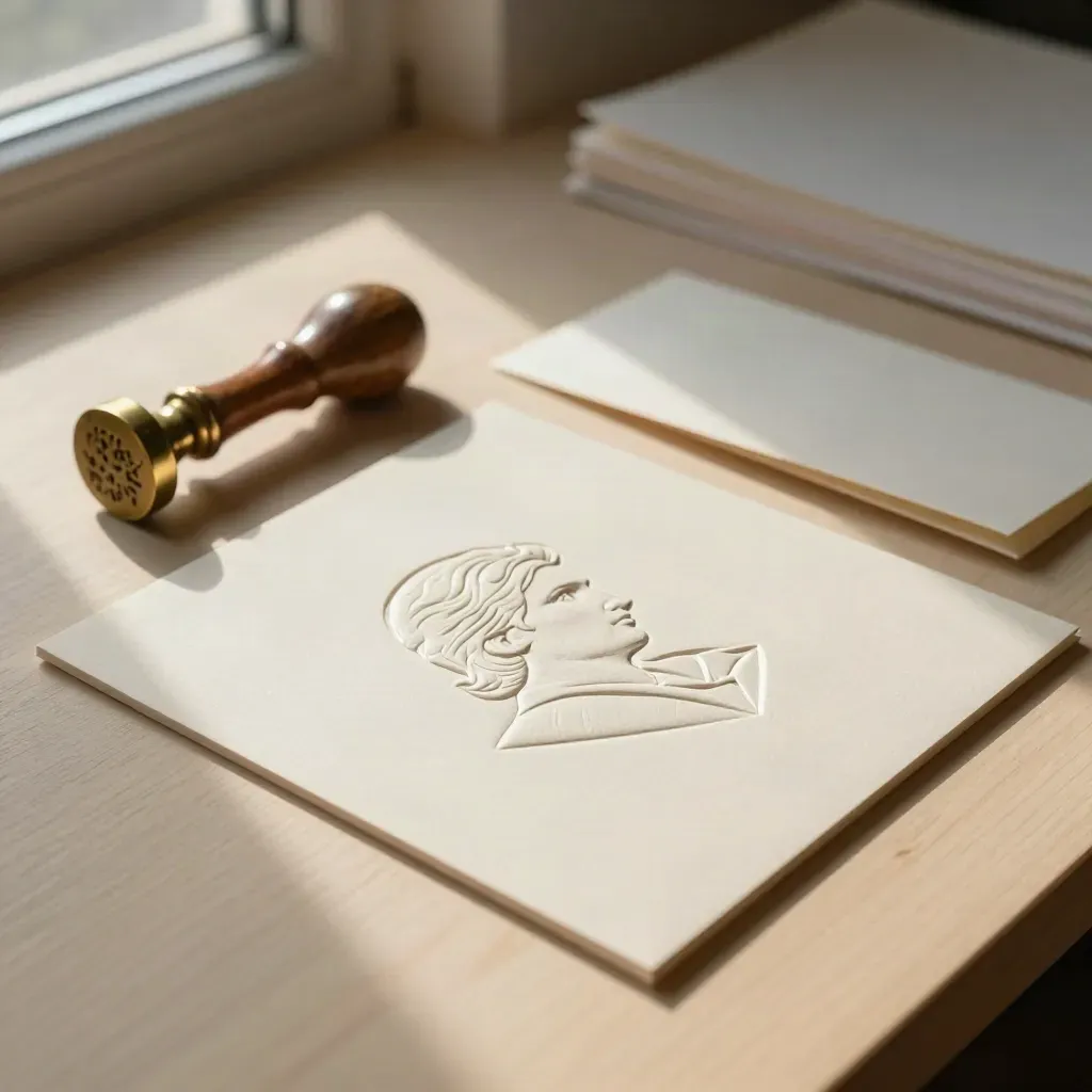 Embossed logo proof with brass dies, wax seal, and folded sleeve on a warm studio bench.