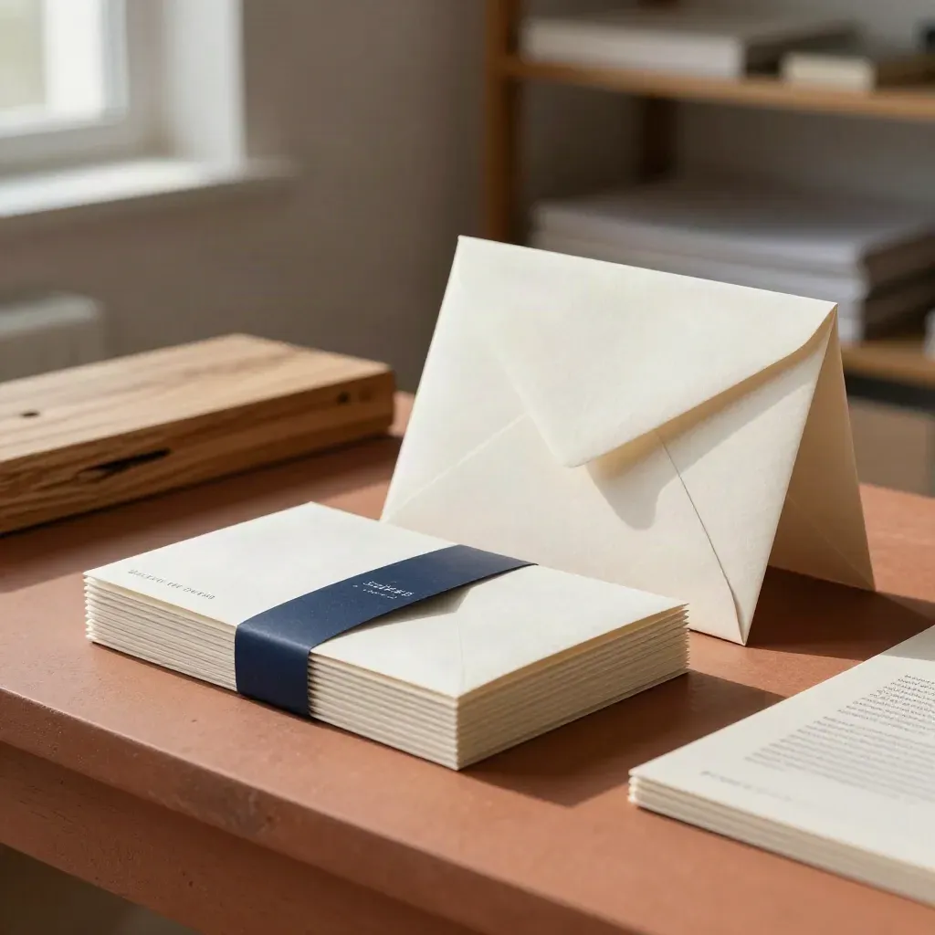 Luxury print collateral stack with folded cards, envelope, belly band, and brochure mockups in warm studio light.