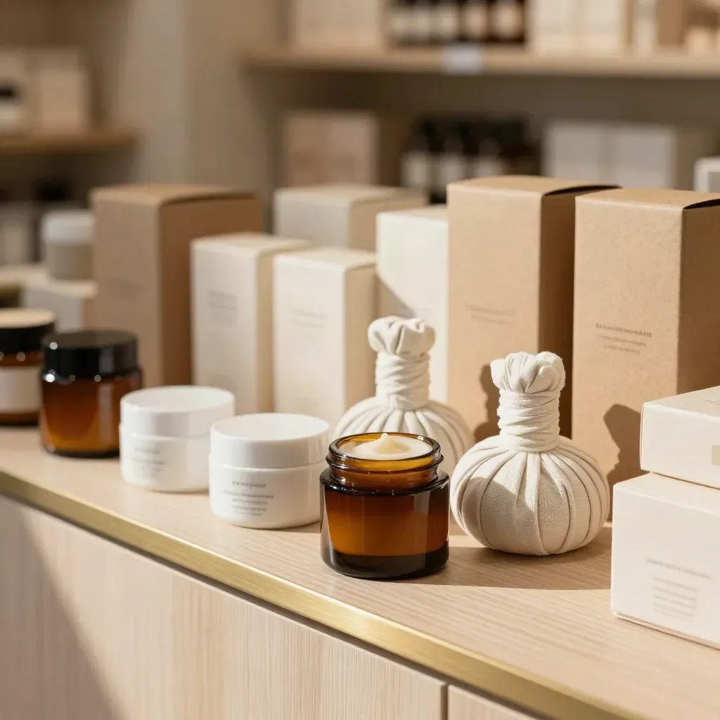 Amber skincare jars and kraft shipping boxes arranged on a boutique shelf in soft morning light.