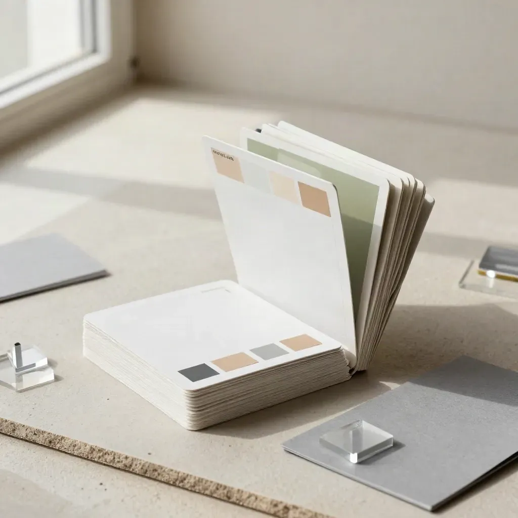 Fanned social post mockups and story frames on a sand-toned board, caught mid-rearrange.
