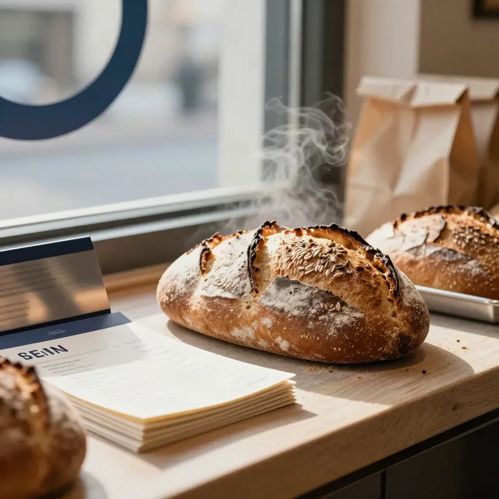 Seeded loaves, folded menu cards, and pastry bags on a bakery counter in warm steam.