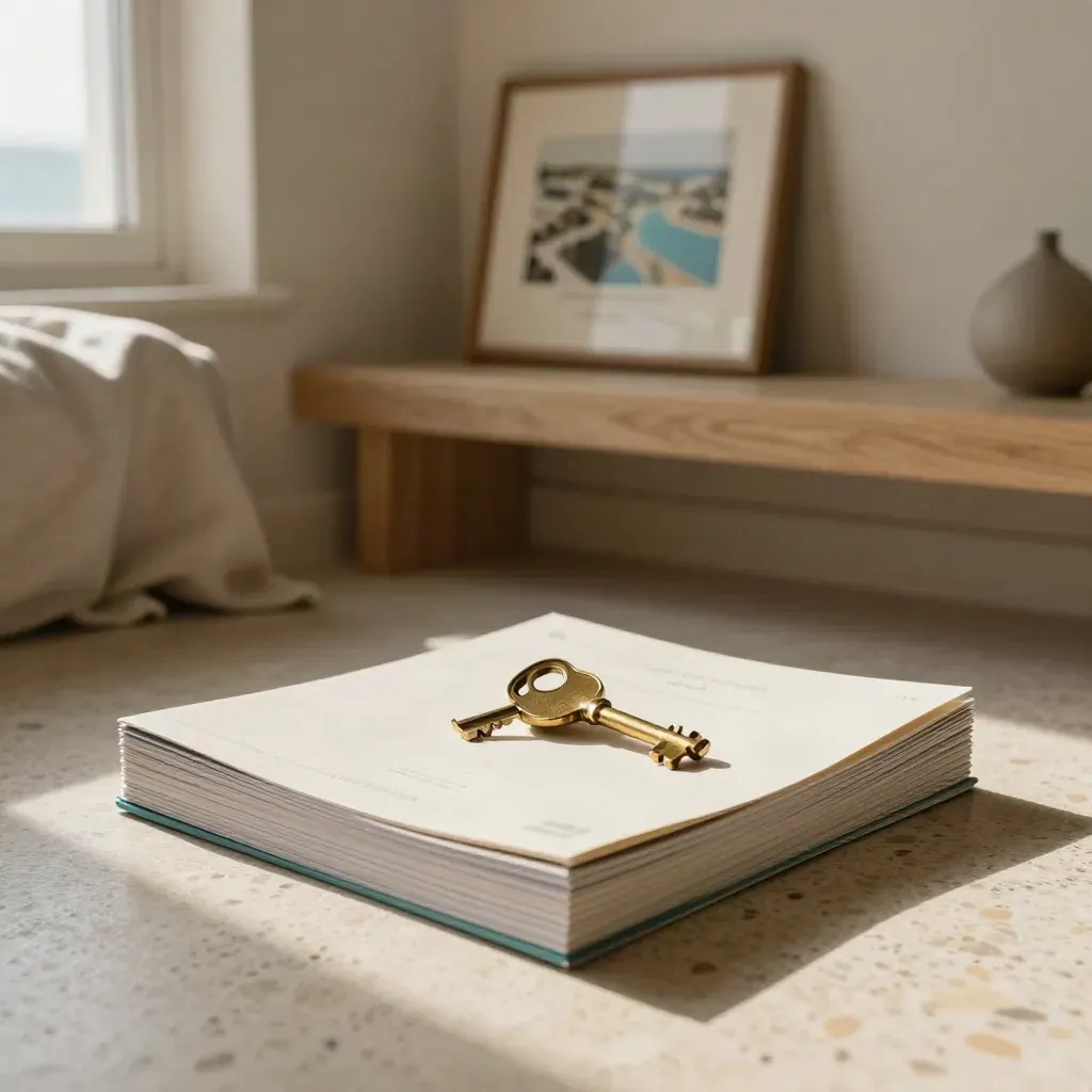 Floor-level staged living-room corner with brochure stack, brass key, linen drape and leaning property print.