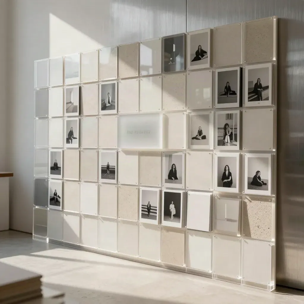 Pewter content wall of square social tiles and acrylic blocks in a bright studio.