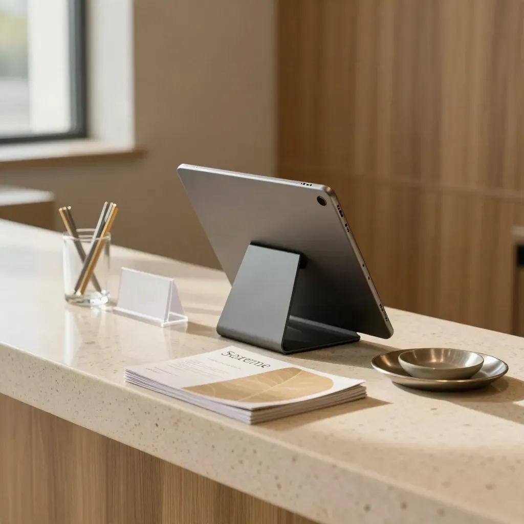 Clinic reception ledge with tablet stand, leaflets, card holders and glass pen rest.