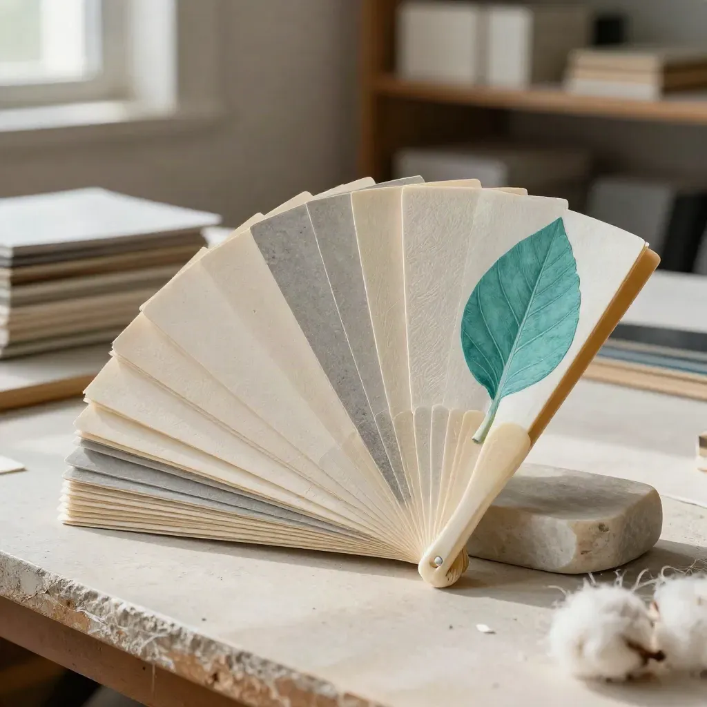 Macro of a color fan deck with embossed sample cards and a stone paperweight on a plaster bench.