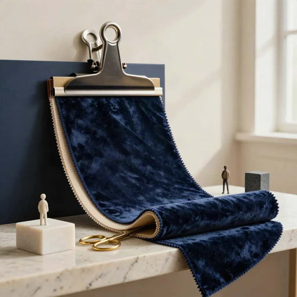 Oversized moodboard clamp with velvet swatches, brass scissors and tiny maquettes on travertine.