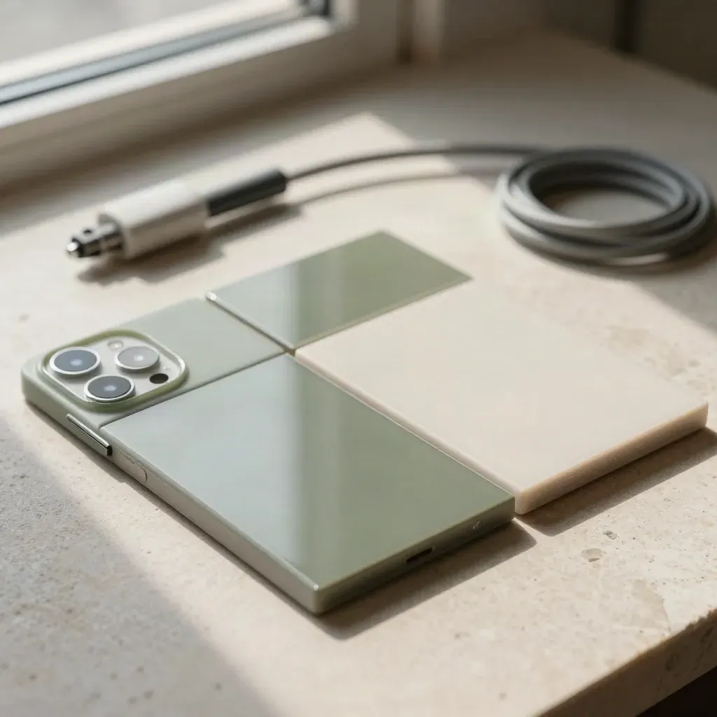 Acrylic grid tiles, mock device shells and a cable loop on a textured workspace surface.